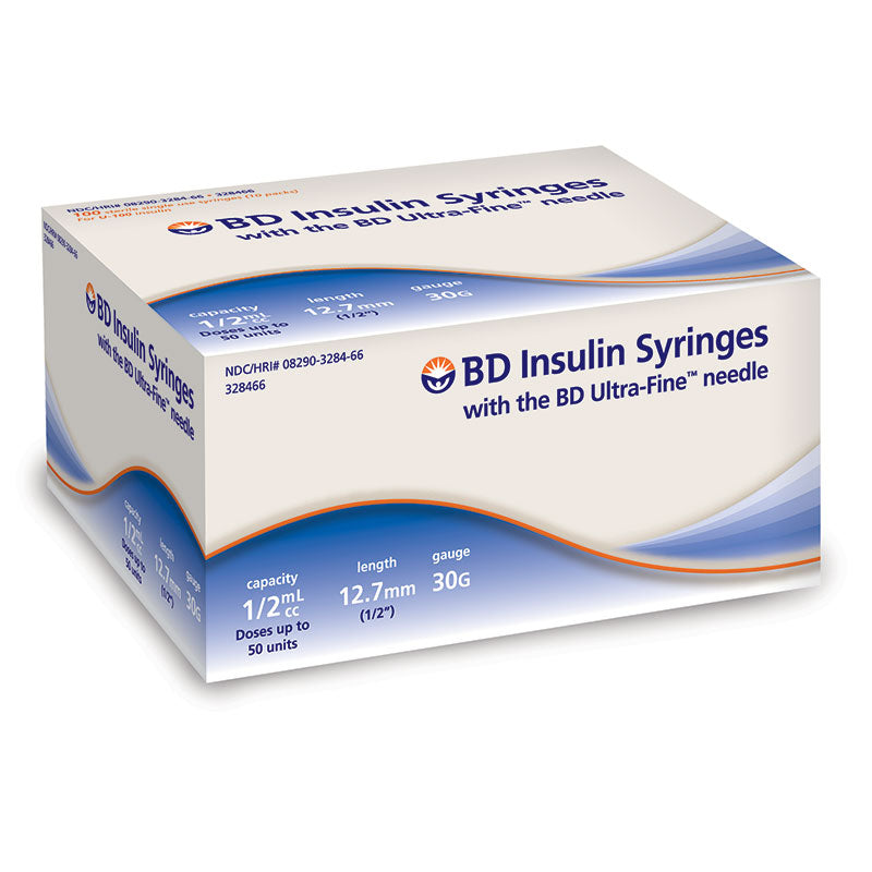 Insulin Syringe with Ultra-Fine Needle 30G x 1/2", 1/2 mL (100 count) 100 (BX)
